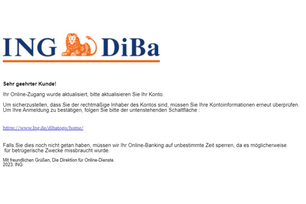 Screenshot einer Phishing-Mail an die Kundschaft der ING DiBa
