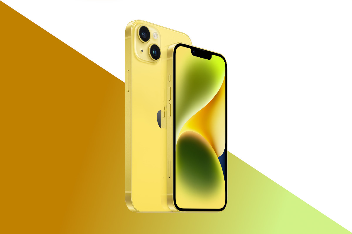 iPhone 14 in Gelb von vorne und hinten auf weißem Hintergrund mit grün orangem Farbverlauf unten