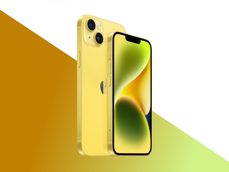iPhone 14 in Gelb von vorne und hinten auf weißem Hintergrund mit grün orangem Farbverlauf unten
