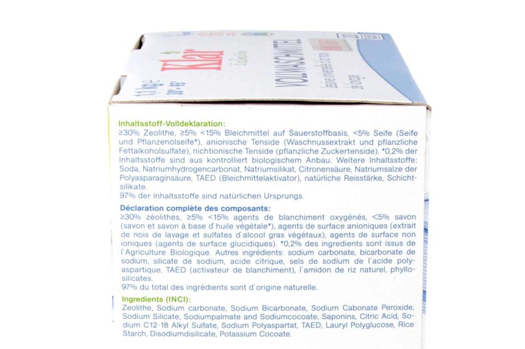 Weißer Karton von der Seite mit aufgelisteten Inhaltsstoffen zu Klar-Vollwaschmittel