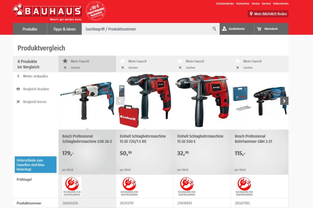Screenshot Bauhaus Baumarkt mit Auswahl von vier verschiedenen Schlagbohrmaschinen