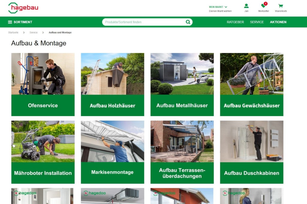 Screenshot Webseite Baumarkt mit Kacheln von Häusern und Gärten
