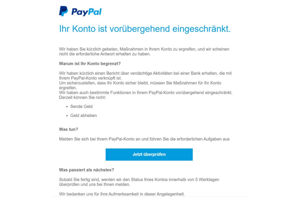 Eine neue PayPal-Phishing-Mail droht mit Kontosperrung.