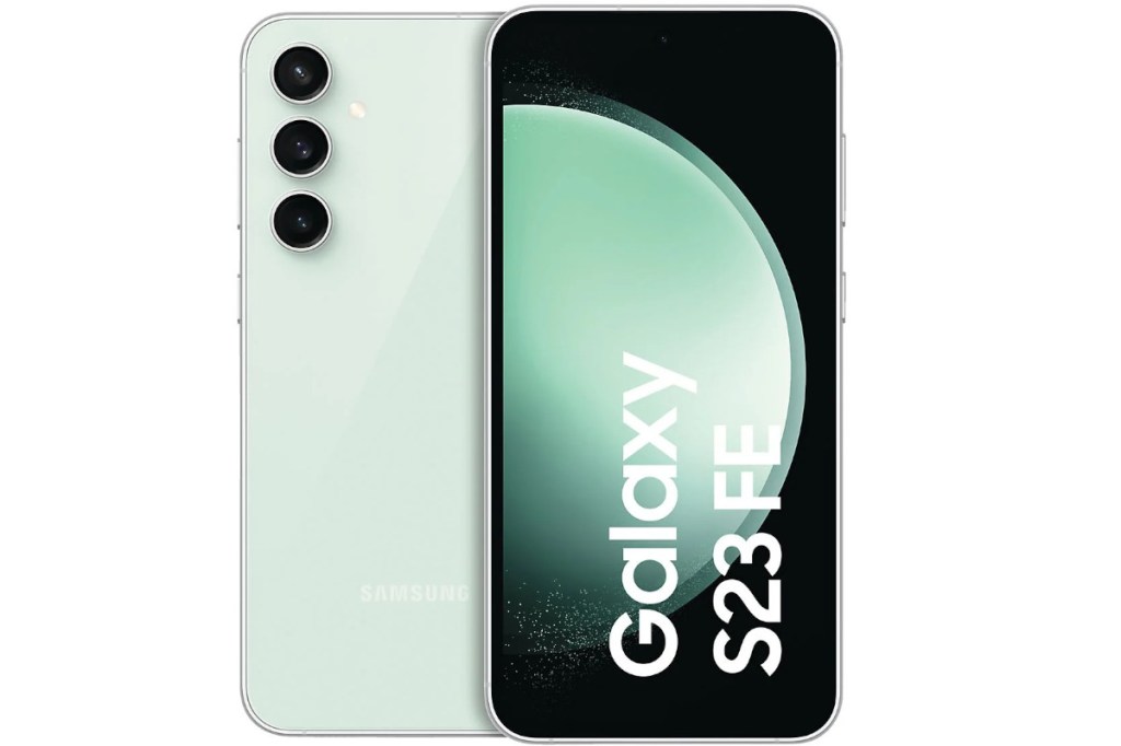 Samsung Galaxy S23 FE in Mint von hinten und vorne mit grün schwarzem Bildschirm auf weißem Hintergrund