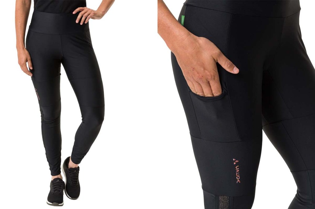 Productshot Fahrrad-Leggings Comyou von Vaude, links Totale, rechts Detail Tasche