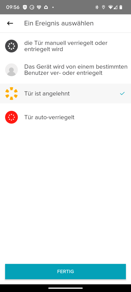 App-Screen mit Statusinformationen des Yale Smart Lock. Angezeit wird eine angelehnte Tür.