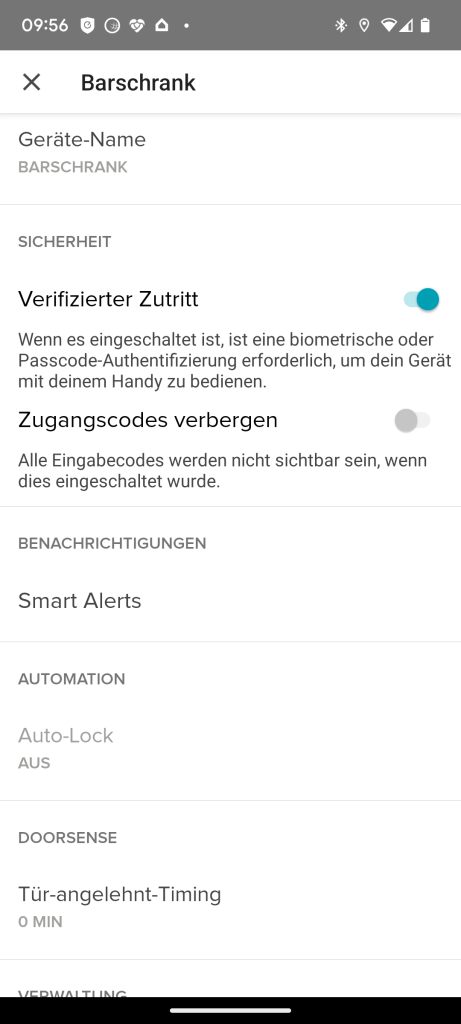 App-Screen, der die möglichen Sicherheitseinstellungen zeigt.