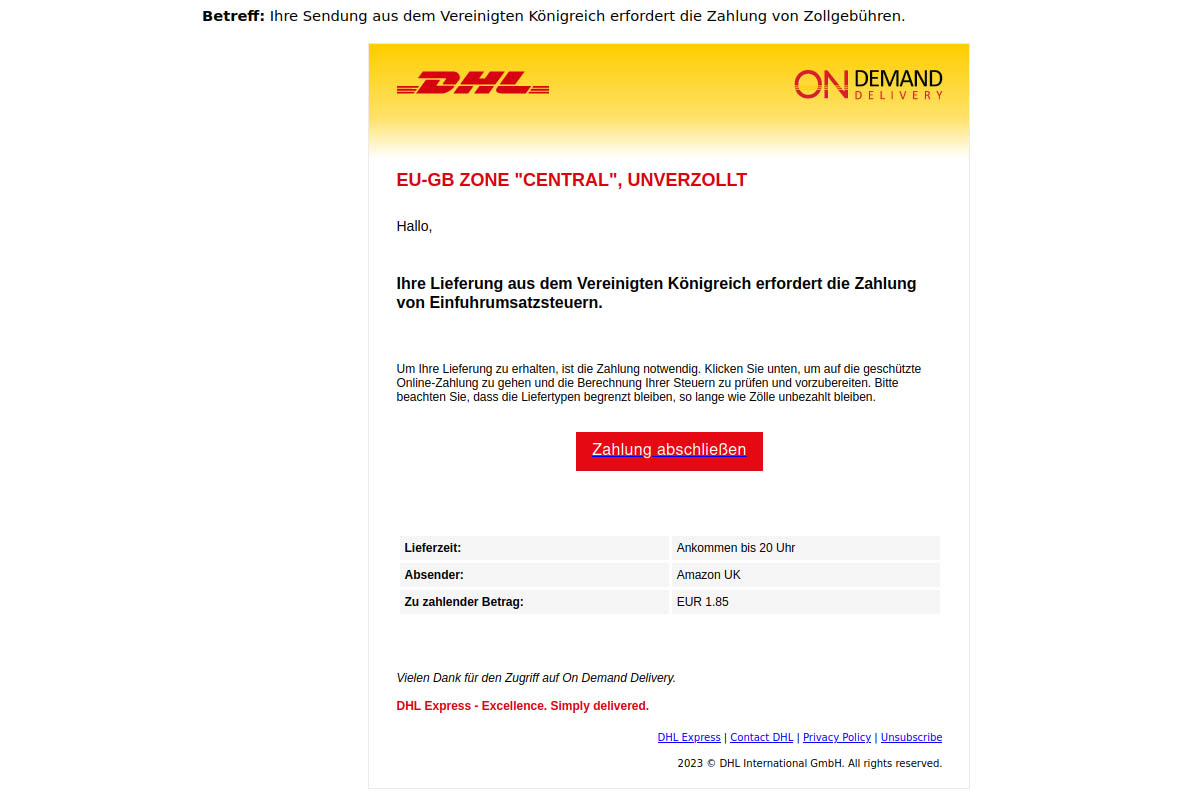 Eine Phishing-Mail im Namen von DHL.