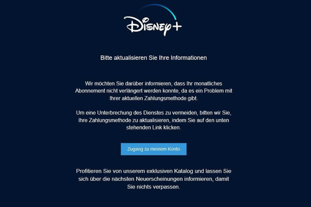 Phishing-Mail an Disney-Plus-Kundschaft
