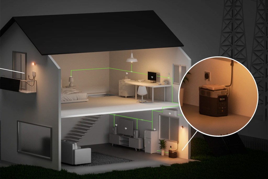 Schematische Darstellung eines Hauses und der Stromverteilung in der Nacht unter Einbindung des EcoFlow Solarsystems.