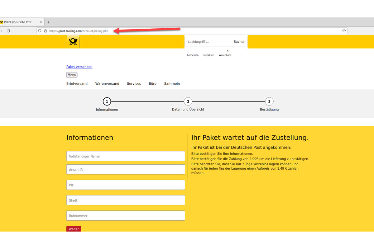 Phishing-Website imitiert DHL-Konfirmation