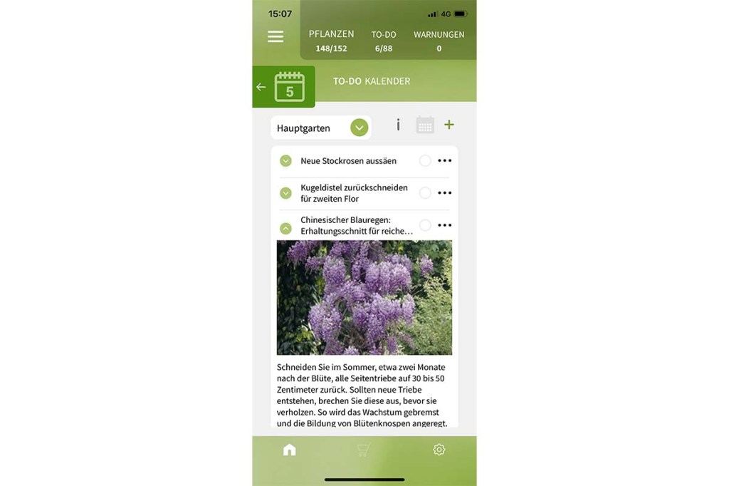 Smartphone-Screenshot der Garten-App gardify