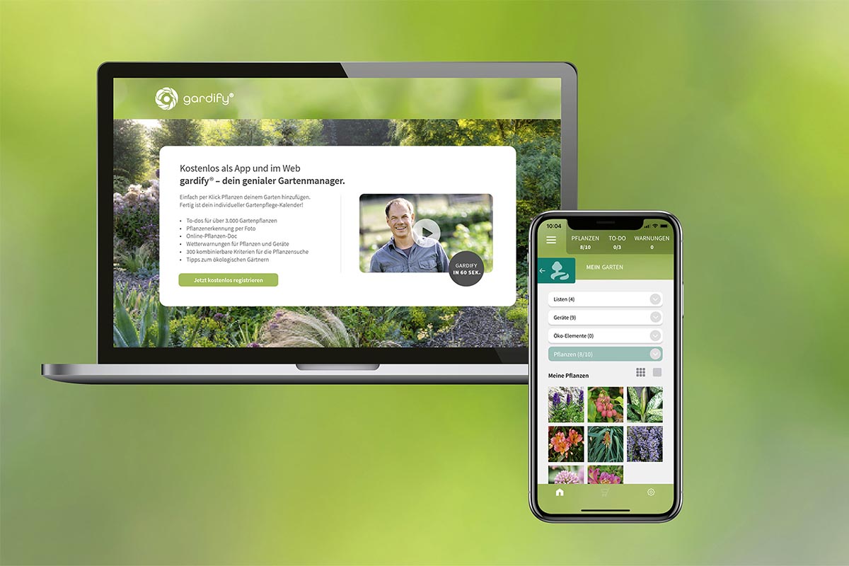 Garten-App gardify, einmal auf links ein Bild der Web-Homepage, rechts ein Blick auf die Smartphone App, der Hintergrund ist grün