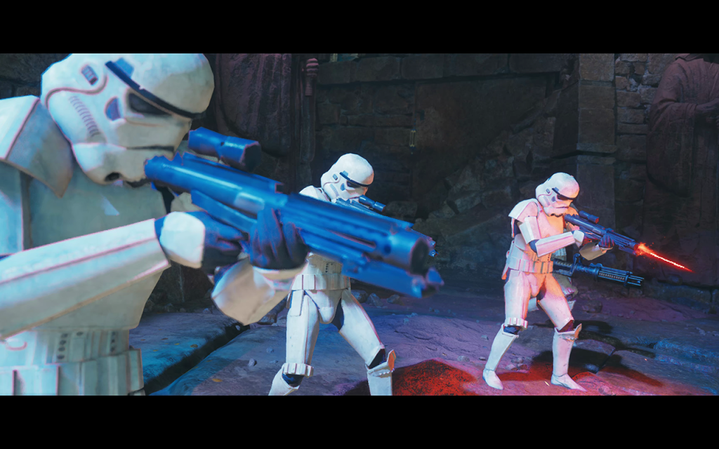 Drei Stormtrooper die mit ihren E-11 Blastergewehren schießen