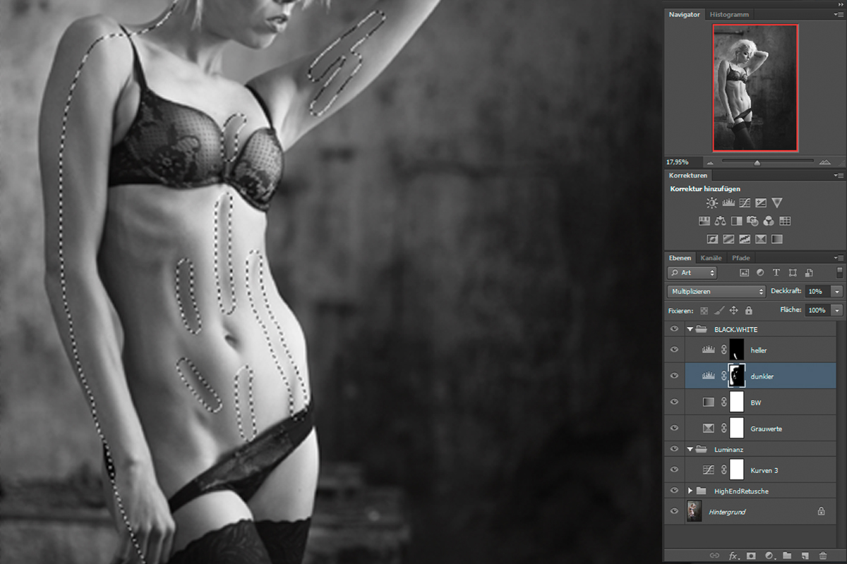Adobe Bildbearbeitung Aktfoto: Körper des Modells etwas abgedunkelt