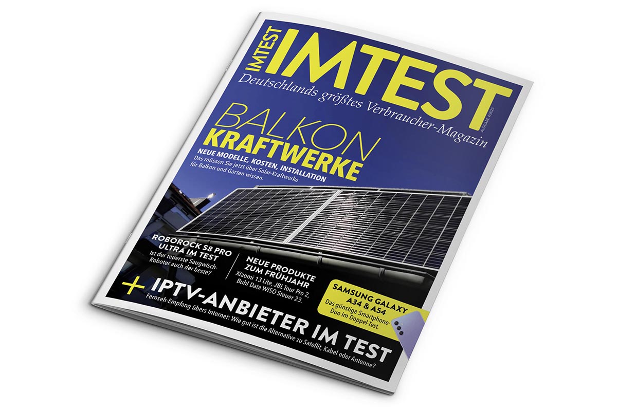 Titel der neuen IMTEST Ausgabe 3/2023 mit einem Balkonkraftwerk.