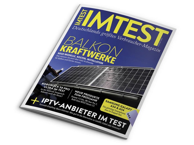 Titel der neuen IMTEST Ausgabe 3/2023 mit einem Balkonkraftwerk.
