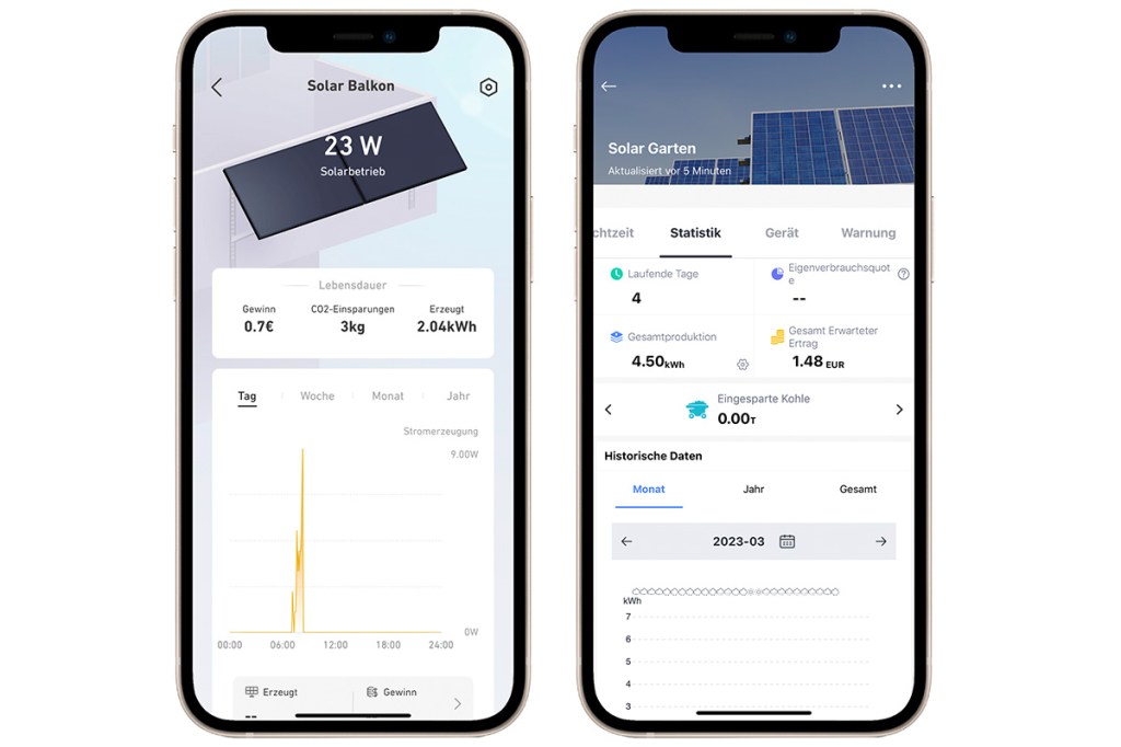 Screenshots von zwei verschiedenen Apps für Balkonkraftwerke.