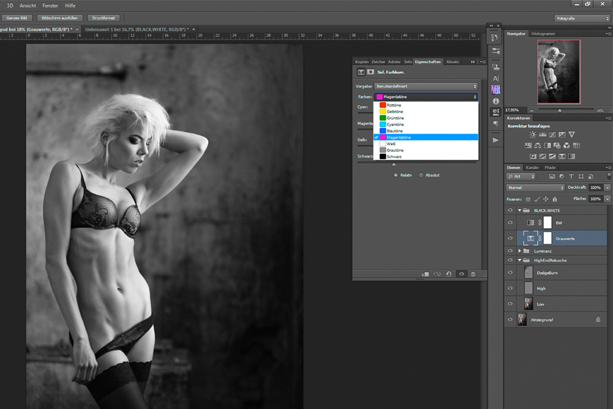 Anpassung der selektiven Farbkorrektur an einem Aktfoto per Adobe.