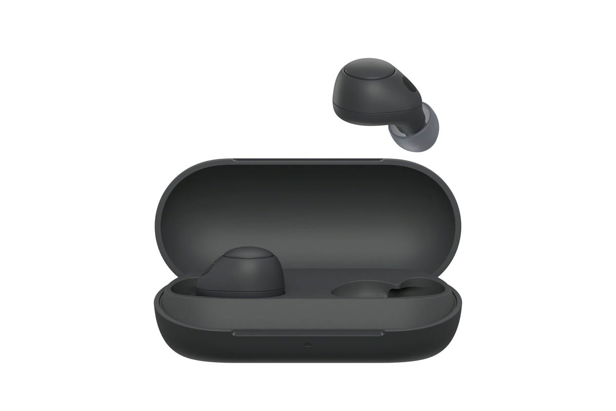 Die neuen Earbuds von Sony in schwarz mit Ladestation