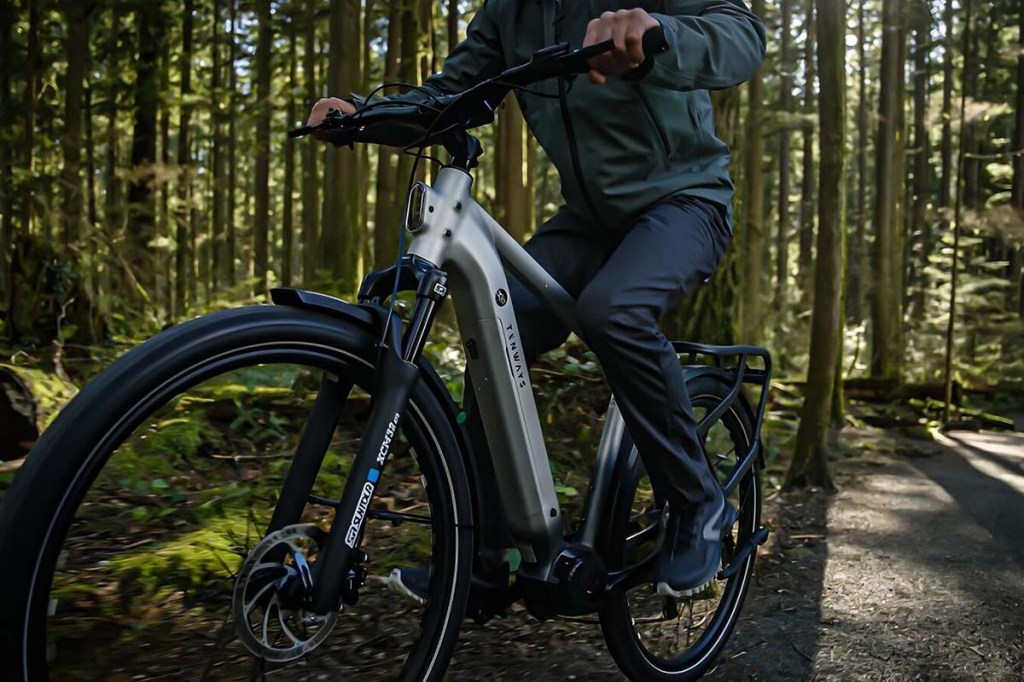 Mann mit E-bike von Tenways im Wald fahrend
