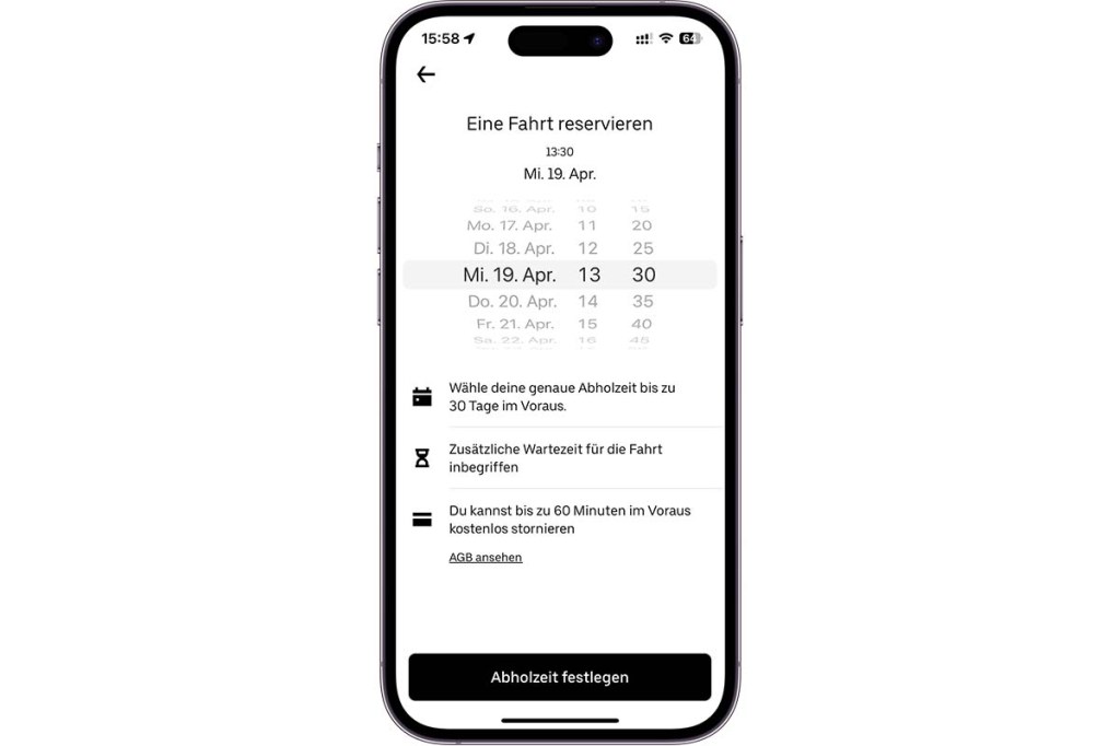 Bildschirm Smartphone mit Uber Reserve App - Zeitauswahl