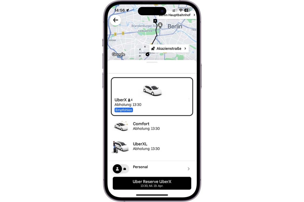 Bildschirm Smartphone mit Uber Reserve App - Routenverlauf