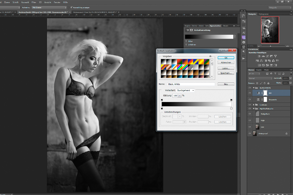 Adobe Bildbearbeitung der Verlaufsumsetzung eines Aktfotos.