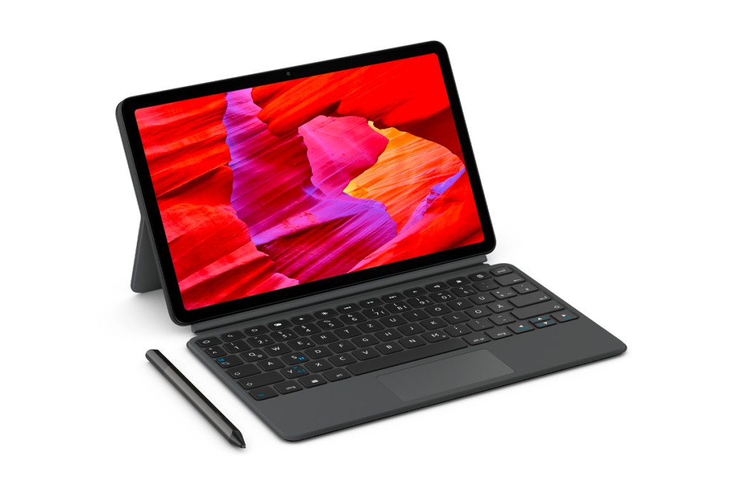 Produktfoto des Amazon Fire Max 11 Tablets mit Tastatur und Stift.