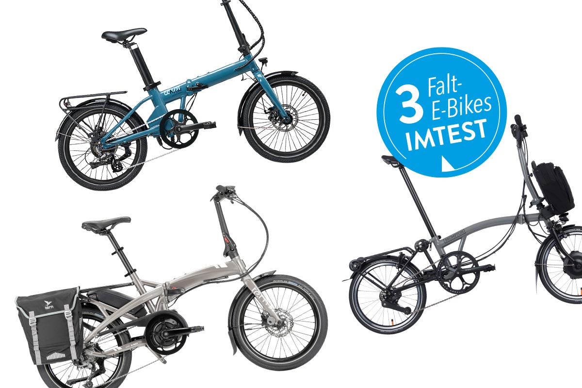 Falt-E-Bikes verschiedener Hersteller auf weißem Grund.