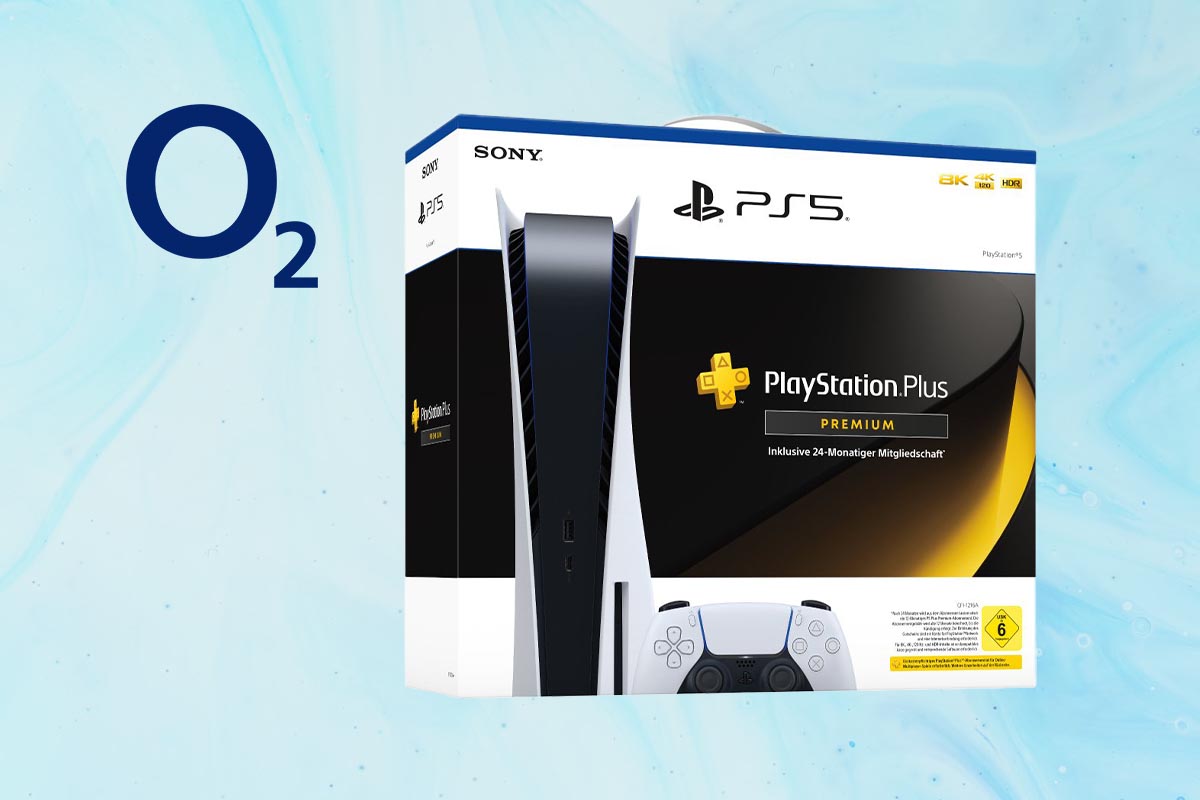 Packshot Sony PS5 und O2-Logo auf blauem Hintergrund