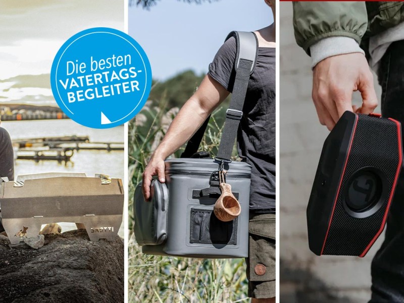 Das dreigeteilte Bild zeigt einen Mann beim Grillen, mit einer Kühltasche beim Angeln und mit einer Bluetoothbox.