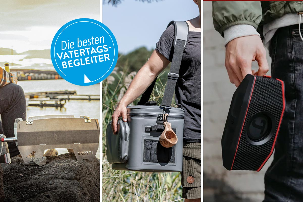Das dreigeteilte Bild zeigt einen Mann beim Grillen, mit einer Kühltasche beim Angeln und mit einer Bluetoothbox.