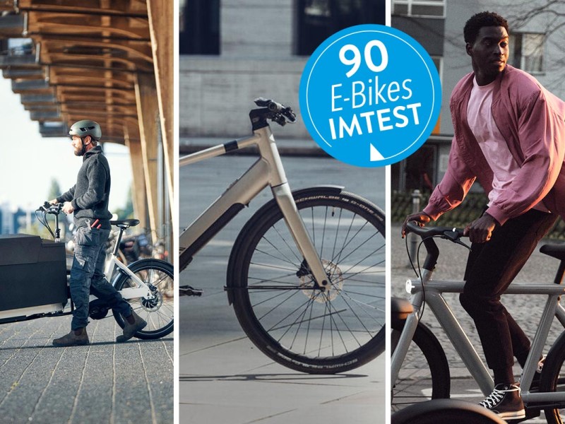 Drei E-Bikes verschiedener Hersteller auf einem dreigeteiltem Bild.