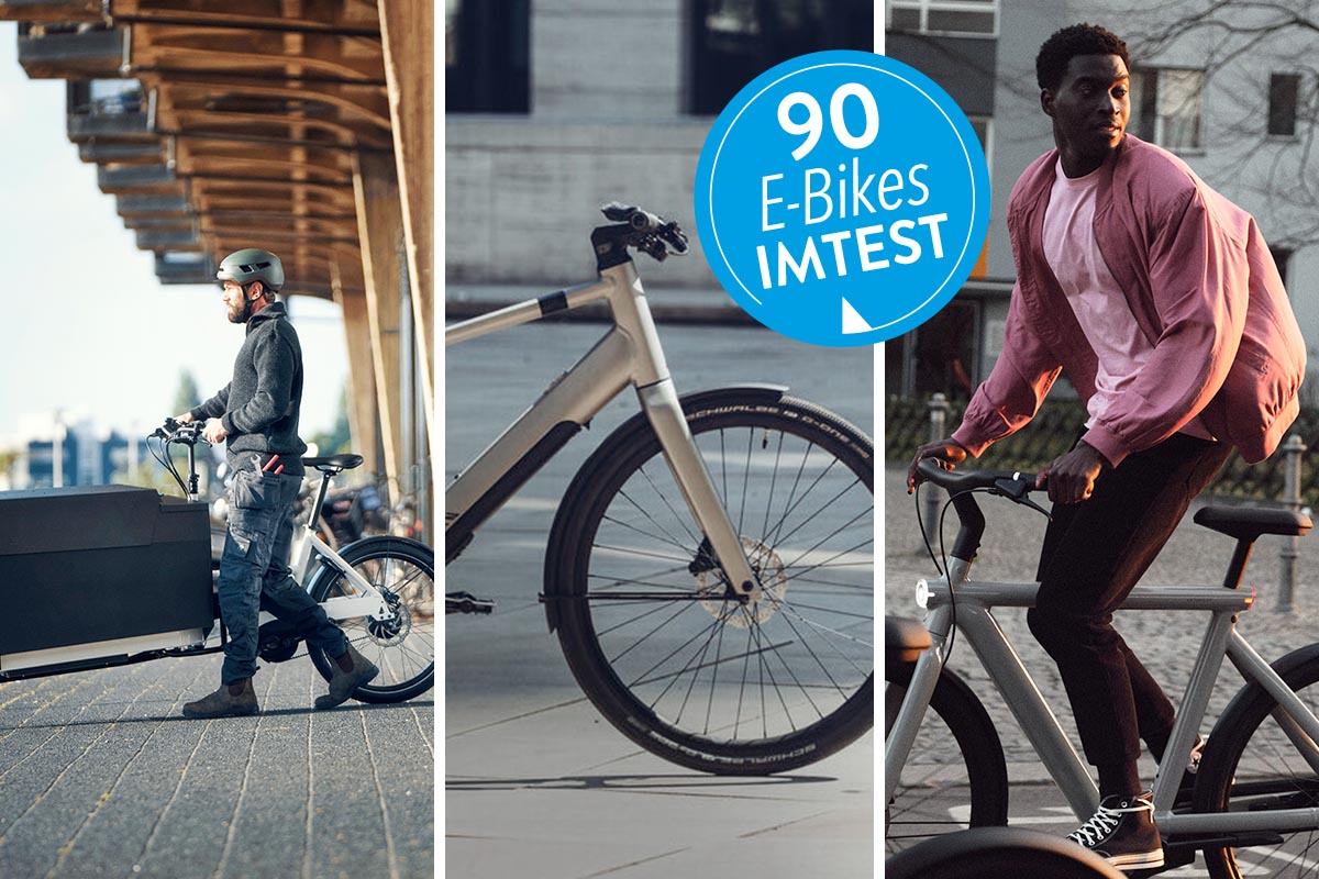 Drei E-Bikes verschiedener Hersteller auf einem dreigeteiltem Bild.