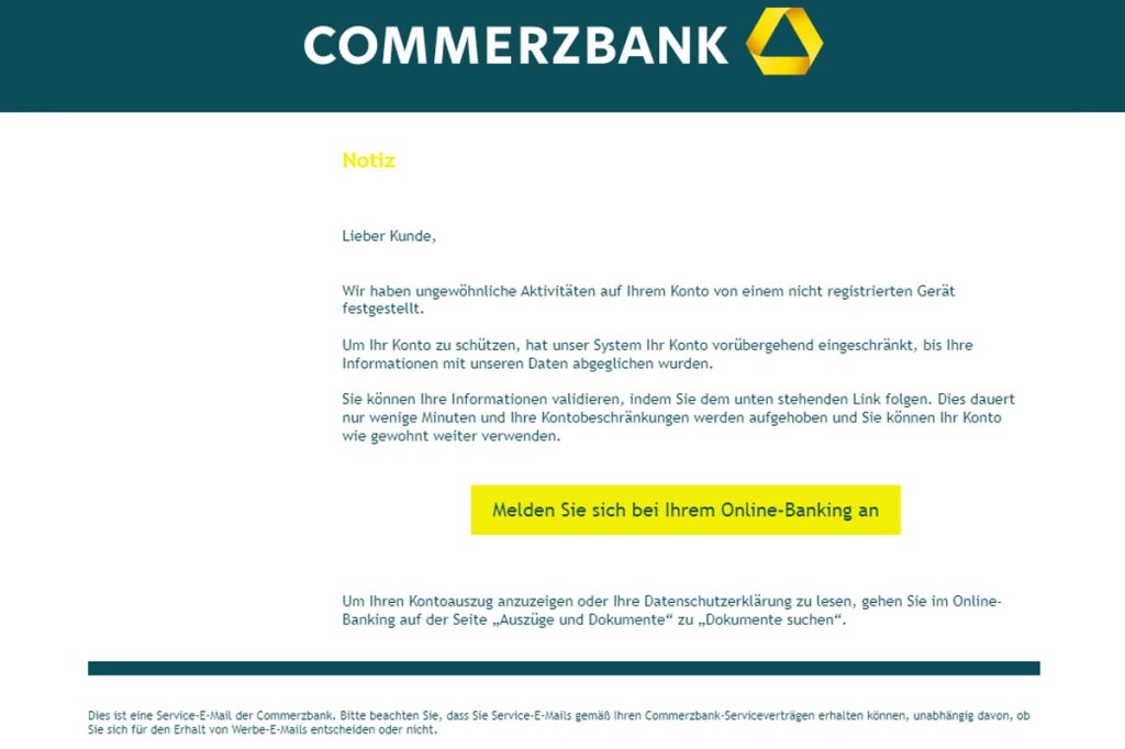Screenshot eine Phishing-Mail an die Commerzbank-Kundschaft.