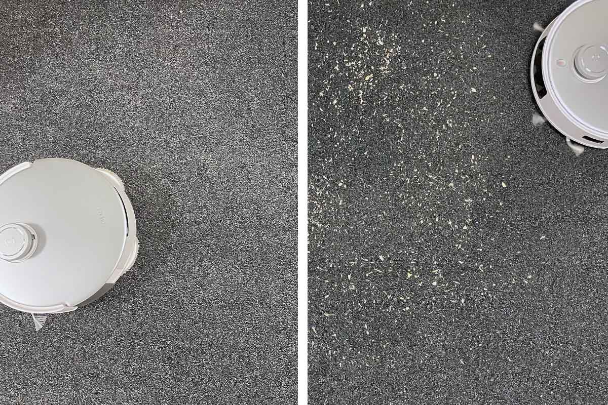 Vorher-Nachher-Vergleich vom Saugtest auf Teppichboden.