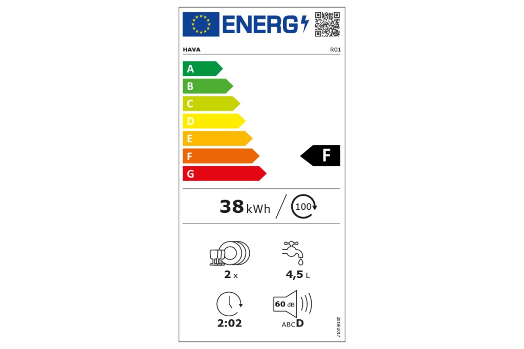 Das Energielabel des Hava R01 Mini-Geschirrspülers.