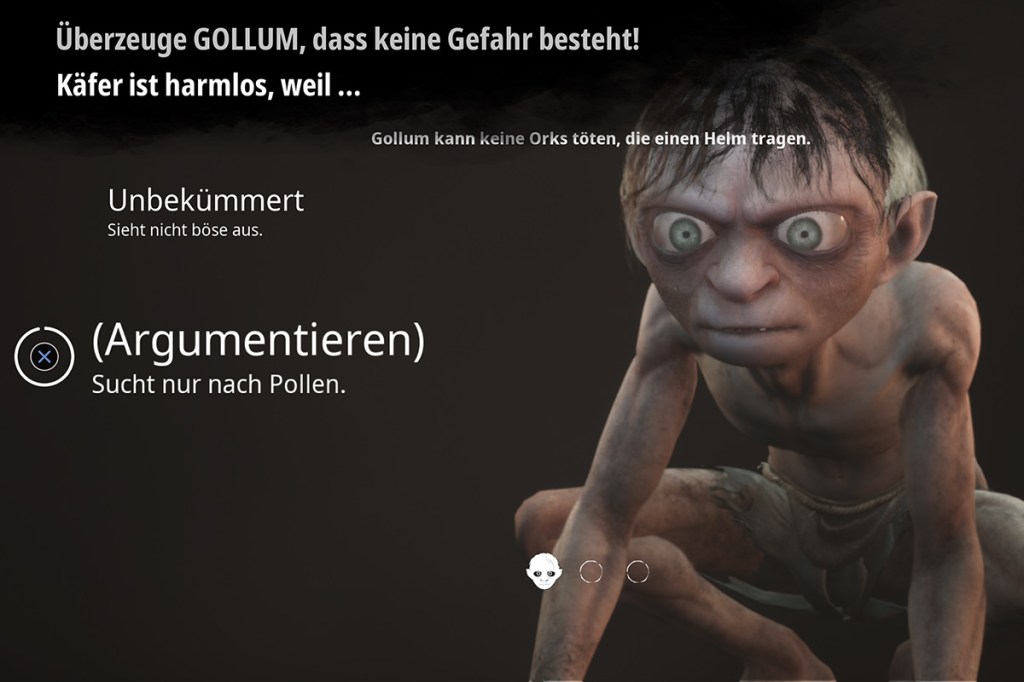 Ein Screenshot aus dem Videospiel Der Herr der Ringe: Gollum. Man sieht einen inneren Dialog.