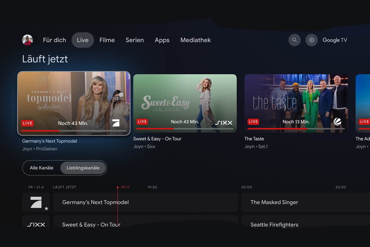 Screenshot des neuen Layouts bei Google TV mit Livestreams