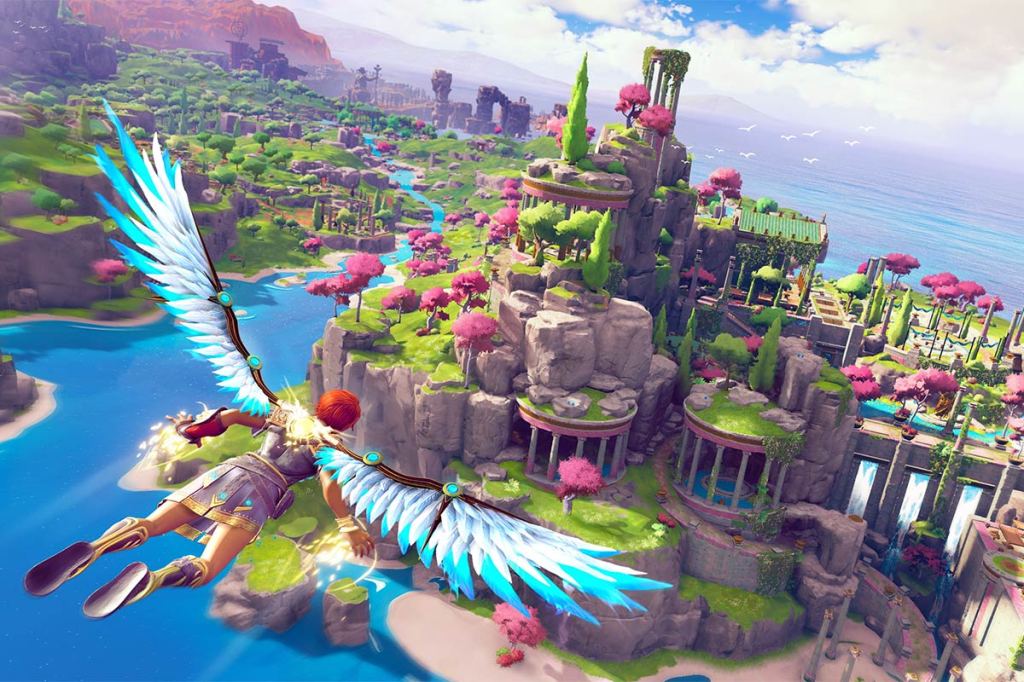 Ein Bild aus dem Videospiel Immortals: Fenyx Rising. Eine geflügelte Figur fliegt über die bunte Spielwelt.
