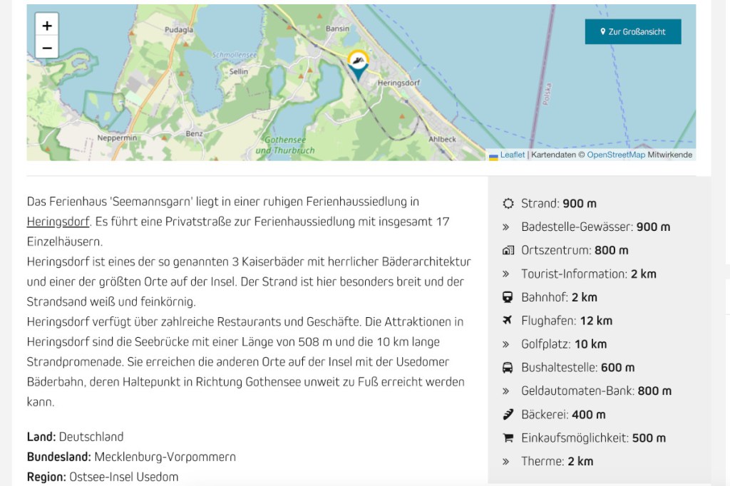 Screenshot Ferienhaus Angebotsseite mit Karte, Text und Bulletpoints