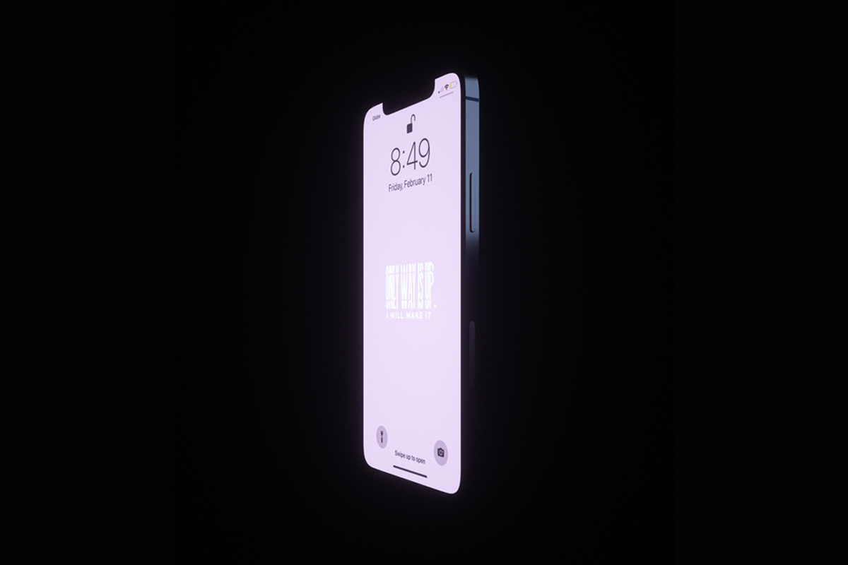 Ein iPhone mit hellem Display vor schwarzem Hintergrund.