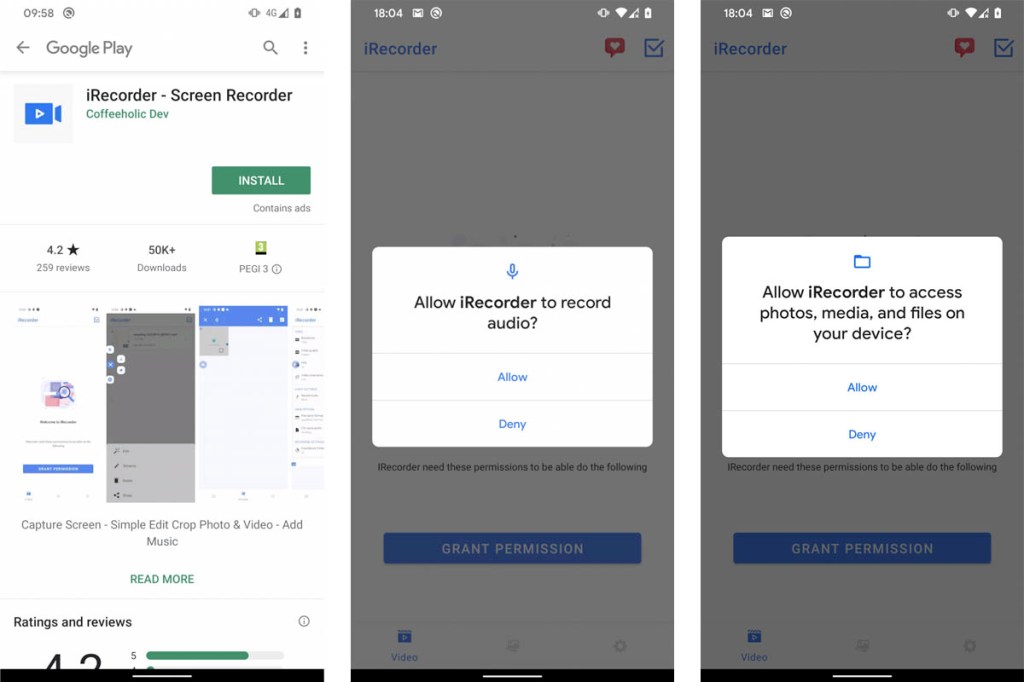 Screenshots der App iRecorder – Screen Recorder aus dem Playstore und von den Appberechtigungen