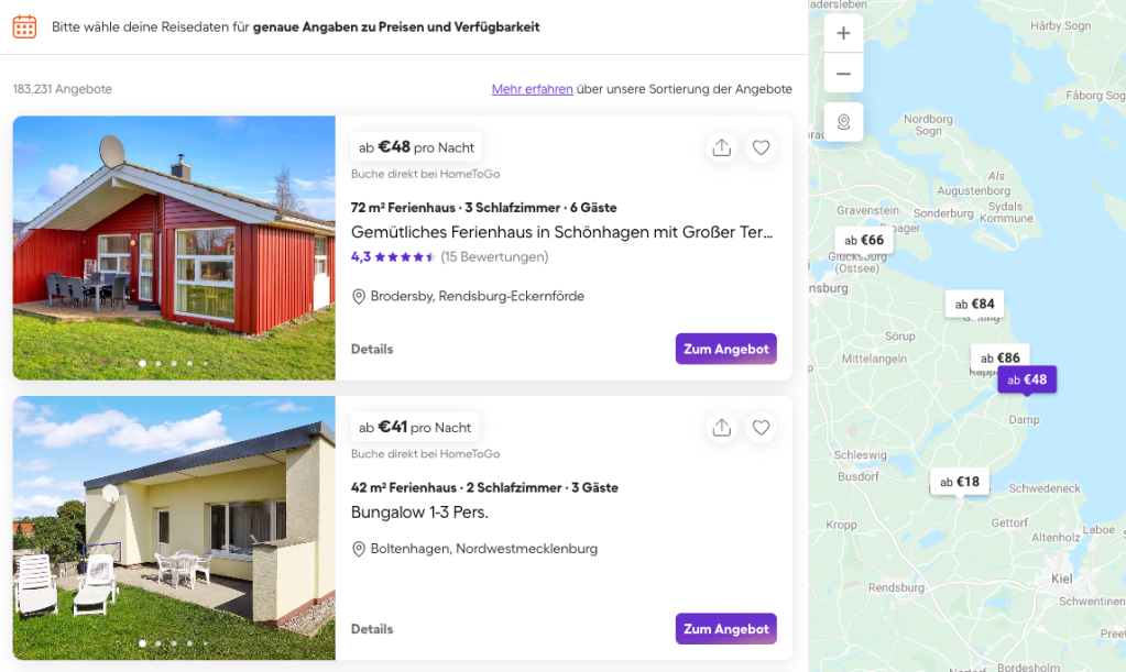 Screenshot von zwei Ferienhaus-Angeboten untereinander neben Karte