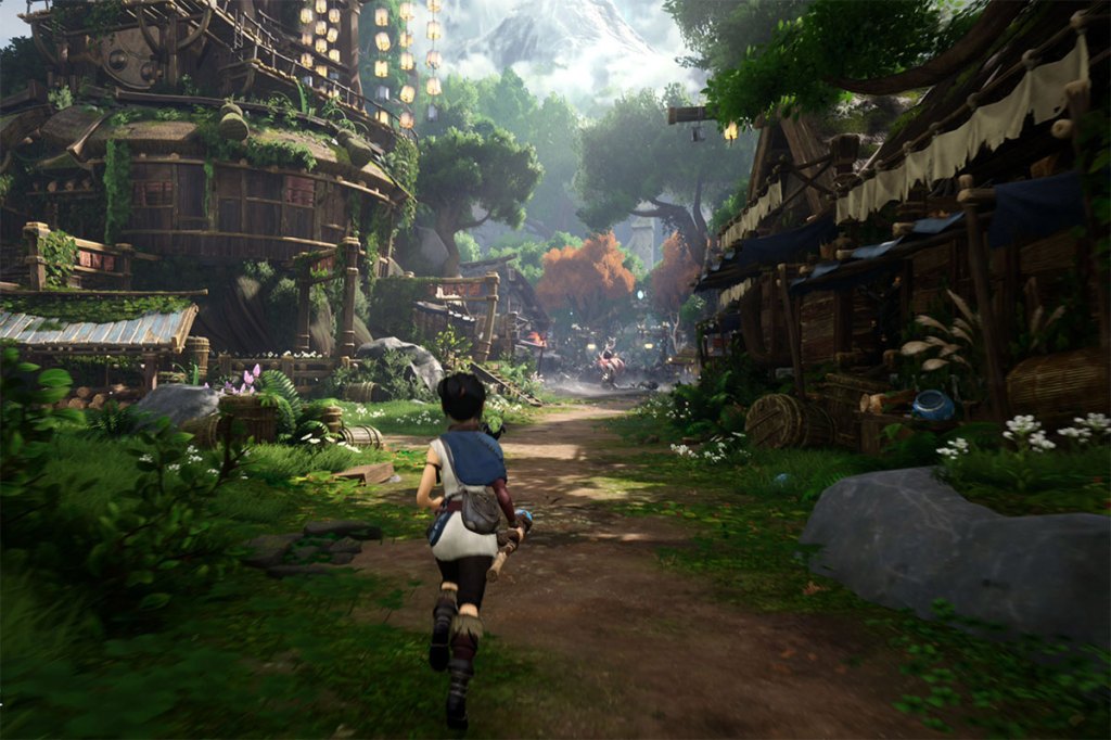 Ein Bild aus dem Videospiel Kena: Bridge of Spirits. Eine junge Frau läuft durch ein hübsches Fantasy-Dorf.