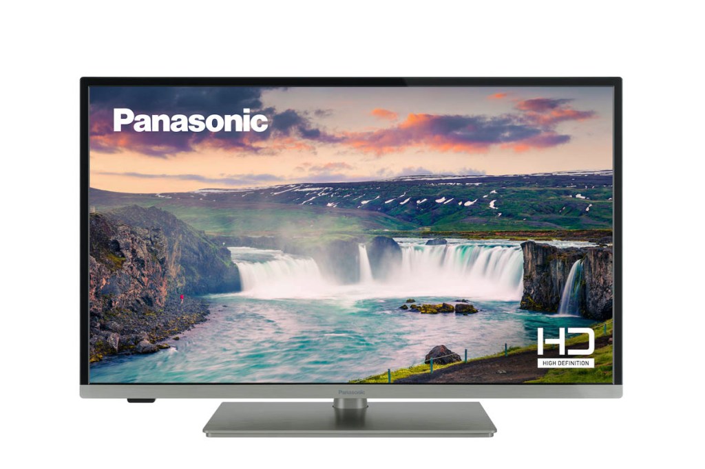 Ein Panasonic Flachbildschirmfernseher vor einem weißen Hintergrund.