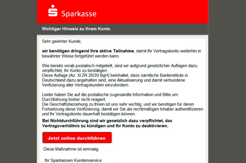 Beispiel der Phishing-Mail, die derzeit an Sparkassen-Kunden geht.