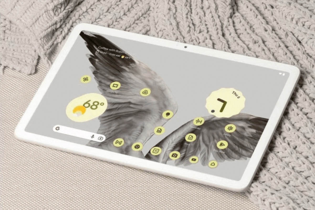 Produktbild des Pixel Tablets auf einem beigen Wollschal