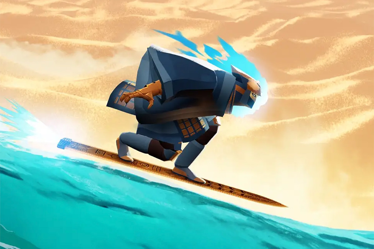 Artwork zum Videospiel Sword of the Sea - zu sehen ist eine Person, die über blauen Sand surft.